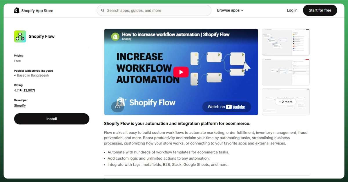 Shopify Flow app interface showing ecommerce workflow automation for marketing, order fulfillment, inventory, and business processes