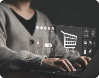 Headless commerce concept showing a developer working with digital commerce interfaces and shopping technology