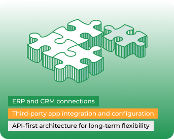 Illustration of connected puzzle pieces representing ERP, CRM, third-party, and API integrations for Shopify Plus