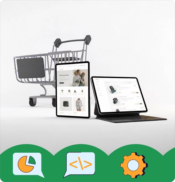 Illustration of eCommerce devices and development tools representing Shopify Plus store launch and growth