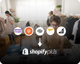 Shopify Plus migration illustration showing an eCommerce team and connected platform migration icons