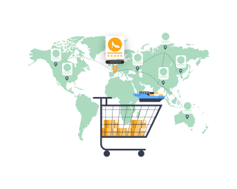 Illustration of a global shopping cart and world map representing Shopify Plus multi-store and international commerce