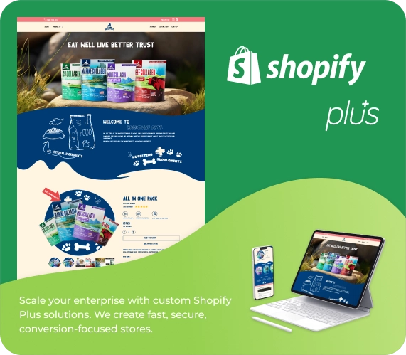 Shopify Plus eCommerce website development hero graphic showing an online store and mobile shopping experience
