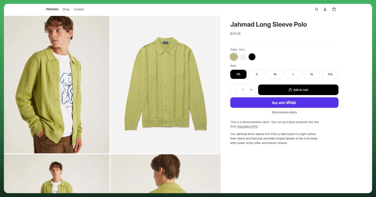 Shopify product page showing product variants, color and size options, and native ecommerce product filtering
