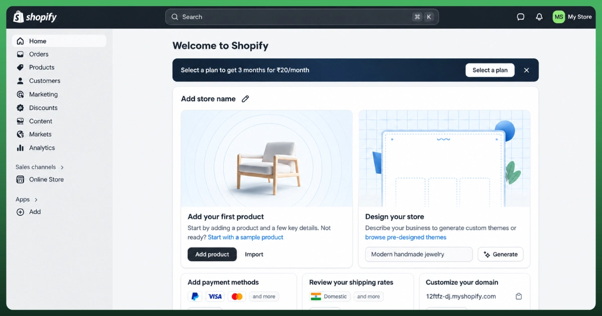 Shopify store setup dashboard showing product, store design, payment, shipping, and domain setup options