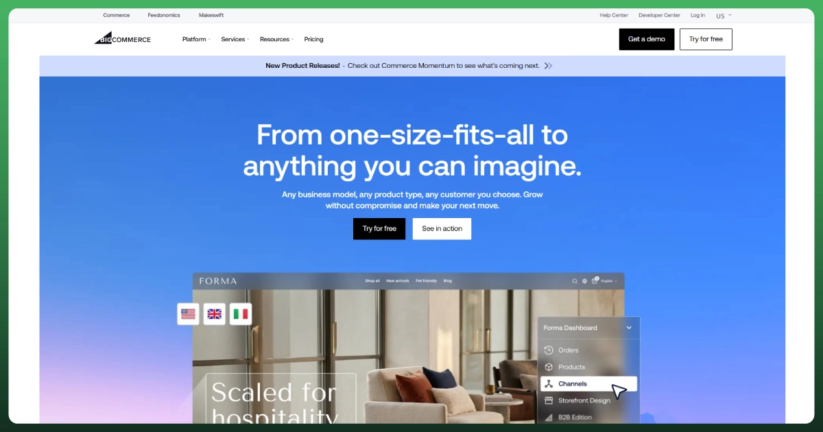 BigCommerce ecommerce platform homepage showing customizable online store and business management features