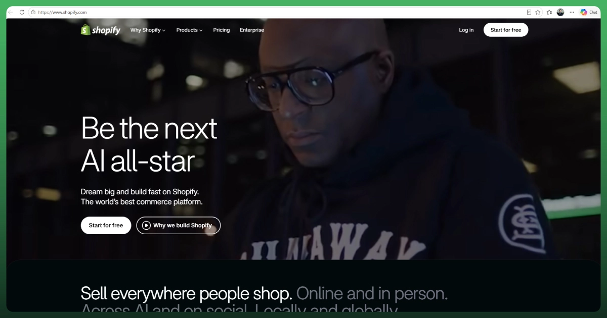 Shopify ecommerce platform homepage highlighting online selling, AI commerce, and tools for growing a business