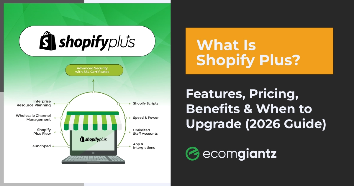 Shopify Plus overview graphic highlighting advanced security, Shopify Scripts, wholesale management, automation, integrations, and enterprise features