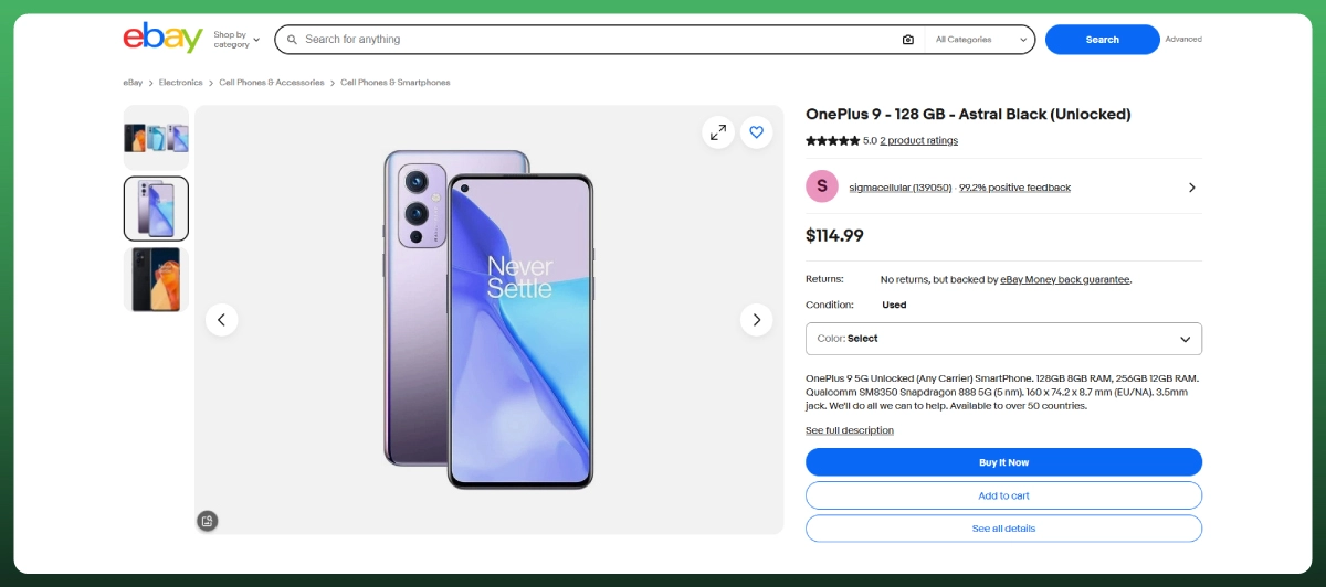Example of an eBay used smartphone listing showing product photos, price, condition, seller details, and purchase options