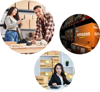 Amazon business management featuring ecommerce professionals, Amazon product storage, and online order processing.