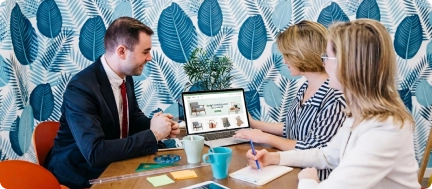 Business professionals discussing ecommerce strategies and reviewing product information on a laptop during a consultation meeting.