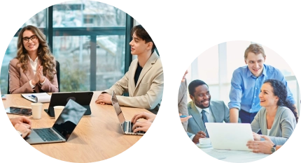 Business professionals collaborating and discussing ideas during team meetings in modern office environments.