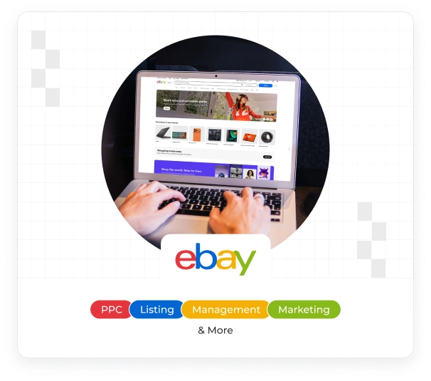 eBay marketplace management services featuring PPC advertising, product listing optimization, account management, and marketing.
